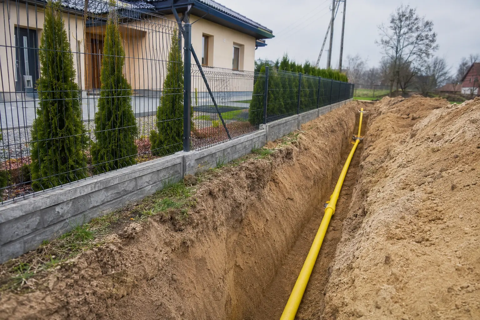 Budowa gazociągu na działce - wykop i żółta rura gazowa przy nieruchomości