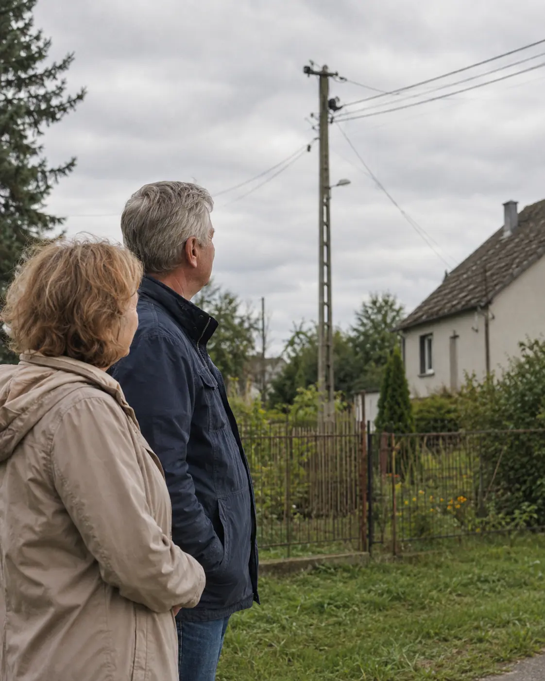 Właściciele nieruchomości rozmawiają o słupie lub linii na działce