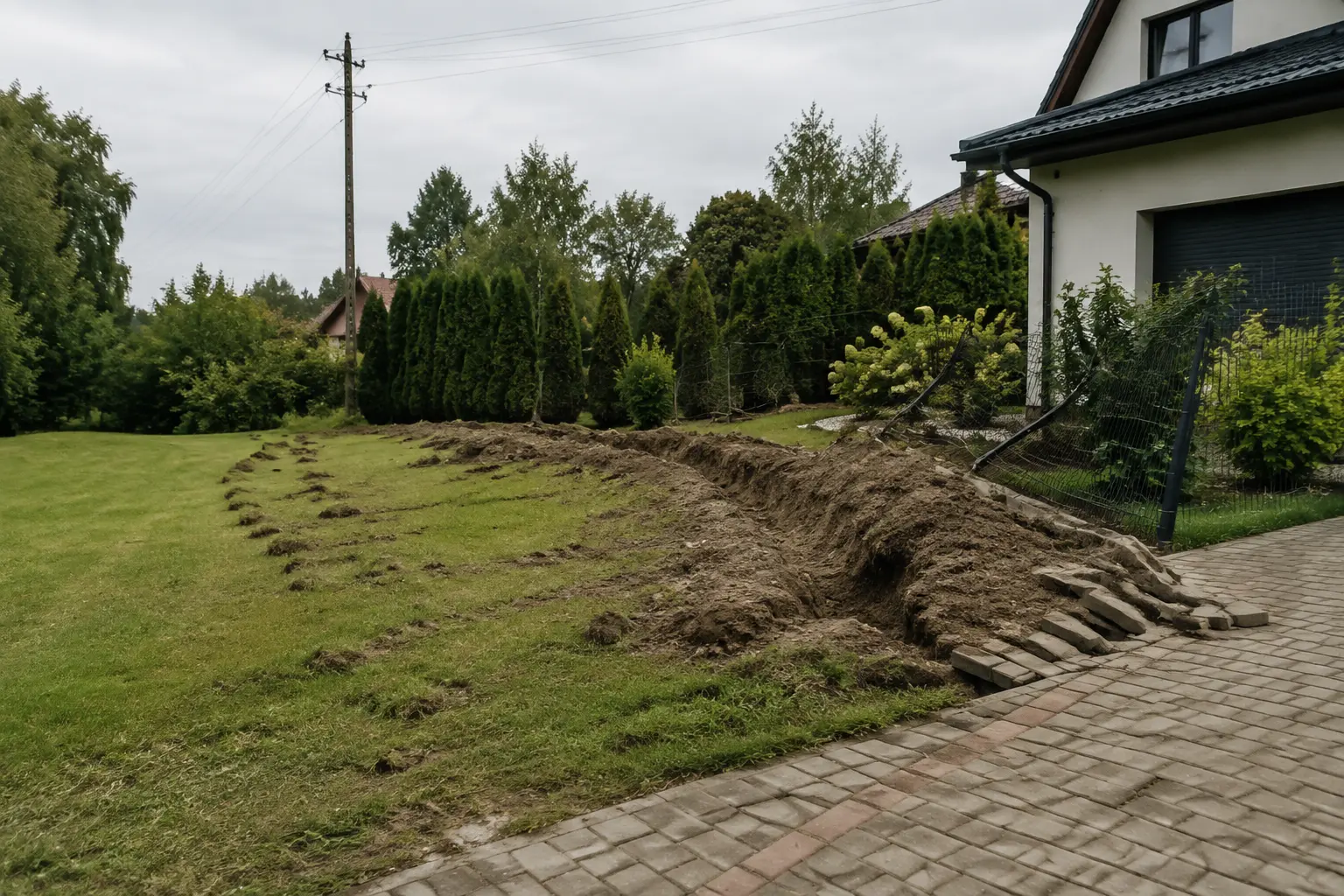 Uszkodzony trawnik, ogrodzenie i nawierzchnia po pracach przy urządzeniach przesyłowych